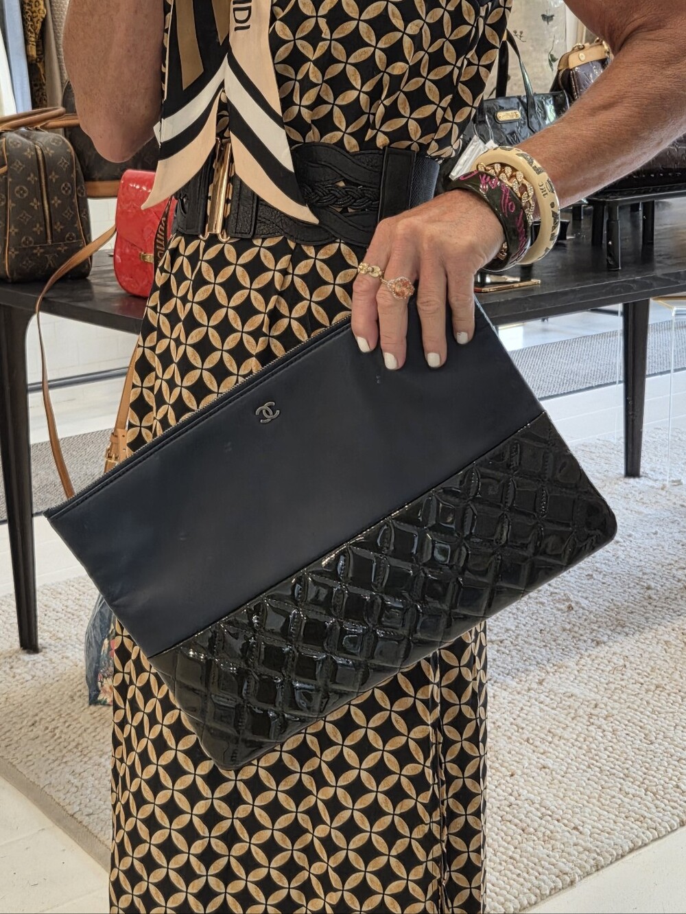 Chanel Navy/DarkArmy Green  Clutch Bag, Lamb Skin, Quilted, Patent Leather